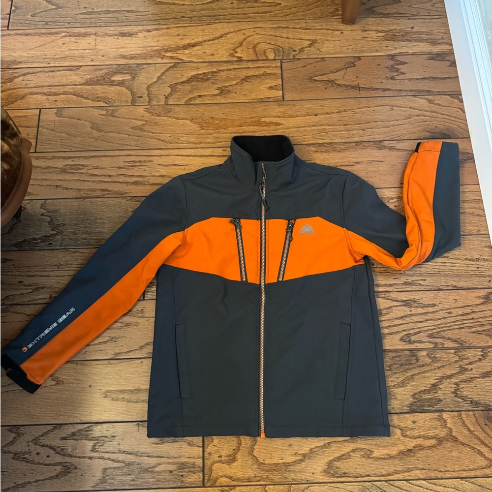 Snozu Boys' Gray Orange Extreme Gear Fleece Lined Softshell Jacket Sz L 14-16